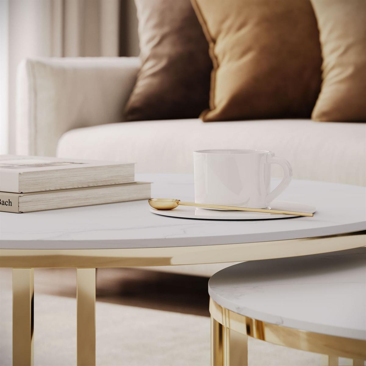 COUCHTISCH LIRA 2in1 mit goldenem Gestell und Marmorplatte - Weiß, Metall (80/80/40cm) - Lookway
