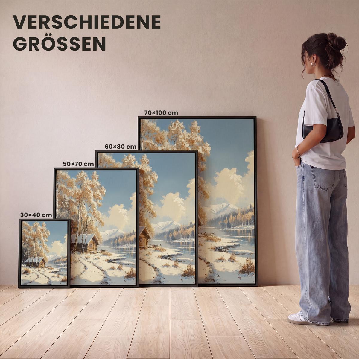 LEINWAND Bilder mit Rahmen - Winter - Schnee - Zuhause - Natur - 50x70 - Hellbraun, Textil (50/70cm) - MuchoWow