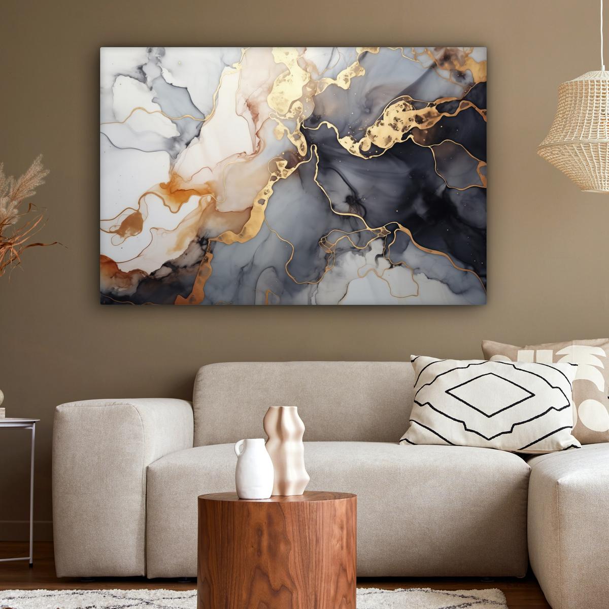 LEINWANDBILD Marmor - Schwarz - Gold - Weiß Wohnzimmer Groß 120x80 cm - Dunkelgrau, Textil (120/80cm) - MuchoWow