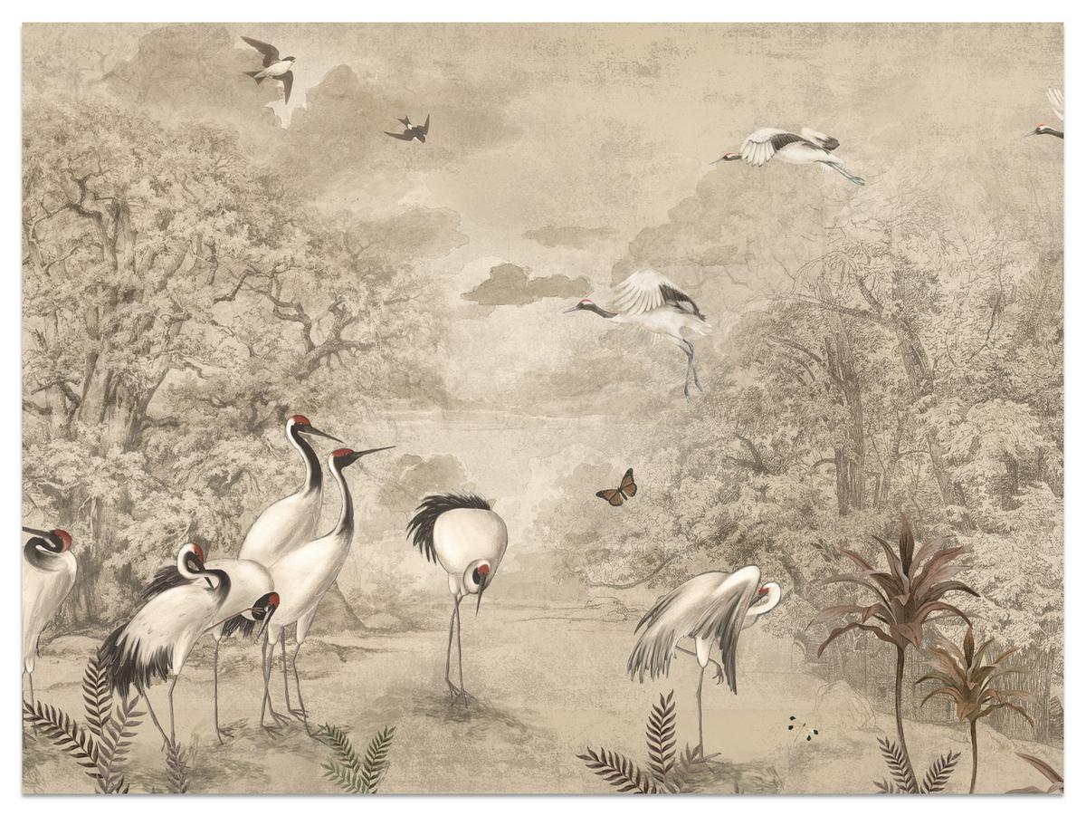 FOTOTAPETE für Schlafzimmer Retro Kraniche Wald Bäume Vögel 450x315 - Beige/Rot, Papier (450/315cm) - Muralo