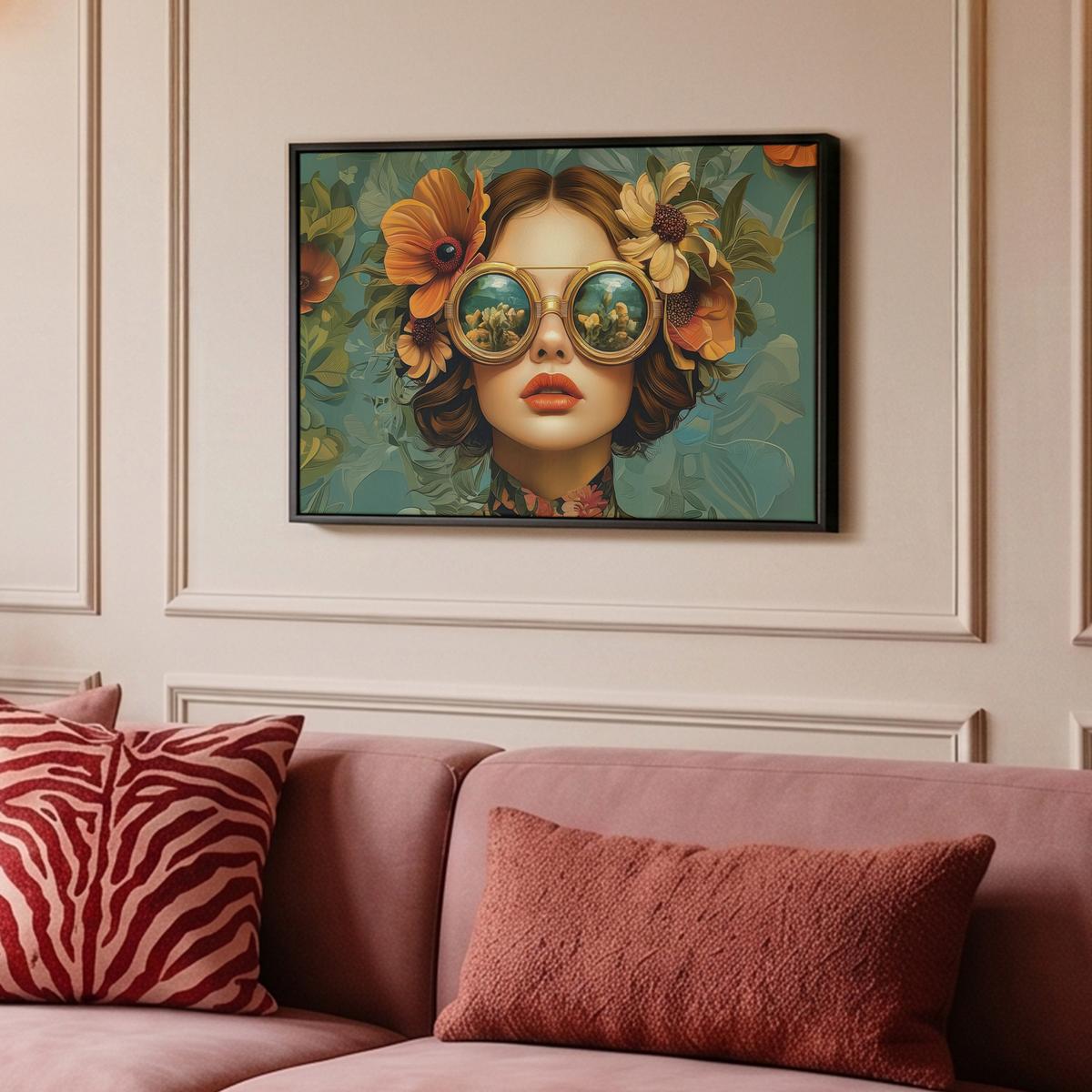 LEINWAND Bilder mit Rahmen - Frau - Blumen - Schmetterlinge - Natur - Vintage - 60x40 - Salbeigrün, Textil (60/40cm) - MuchoWow