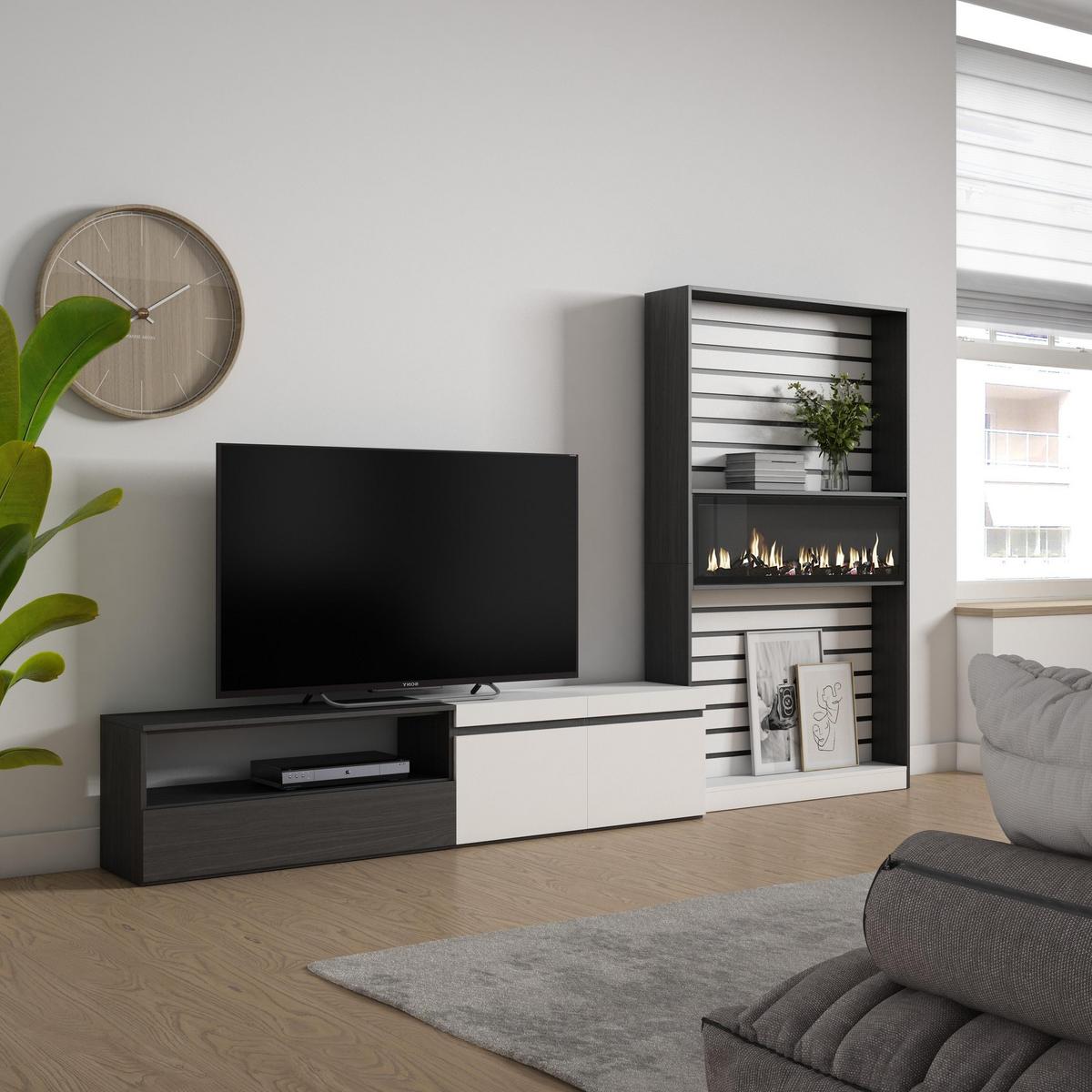 WOHNWAND Wohnzimmer, weiß und schwarz, Elektrokamin,, 310/35/186cm - Schwarz/Weiß, Holzwerkstoff (310/186/35cm) - Skraut Home