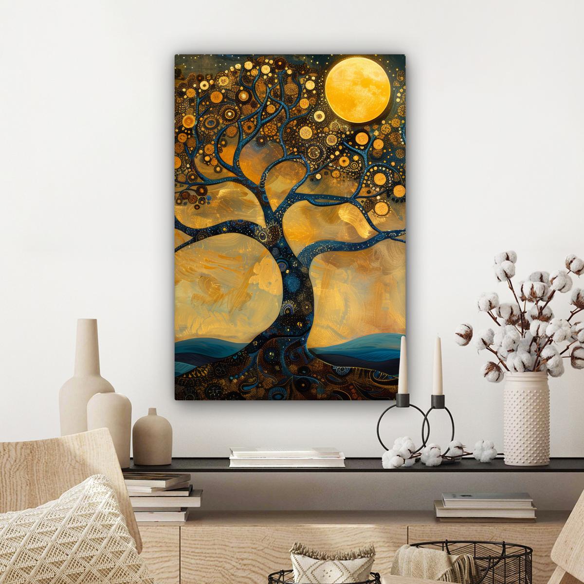 LEINWANDBILD Baum - Mond - Blumen - Gold - Kunst Wanddeko Schlafzimmer 60x90 cm - Orange, Textil (60/90cm) - MuchoWow