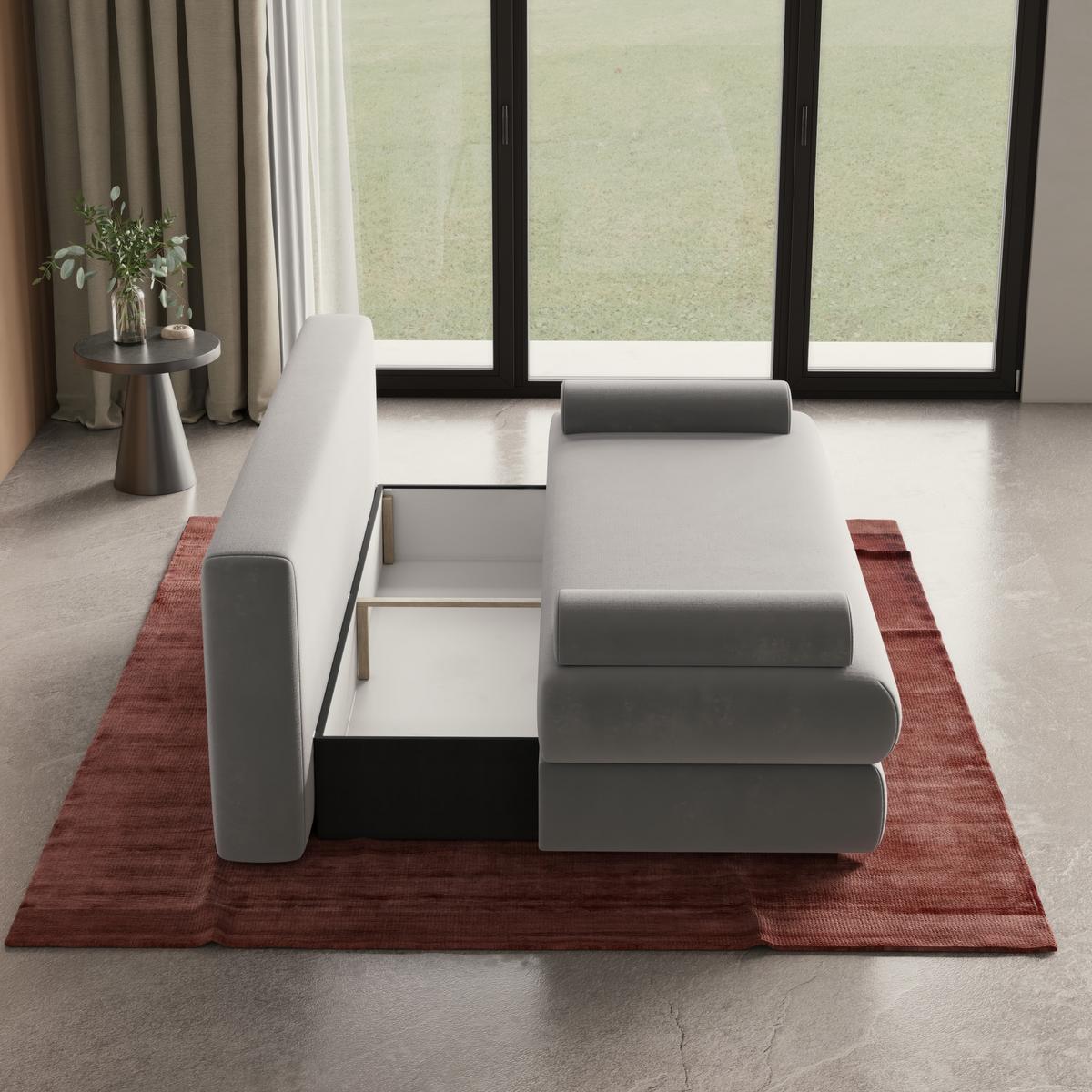 SCHLAFSOFA ASPERO Grau Plüsch-Stoff mit Schlaffunktion - Grau, Holz (200/95/75cm) - MASSENO
