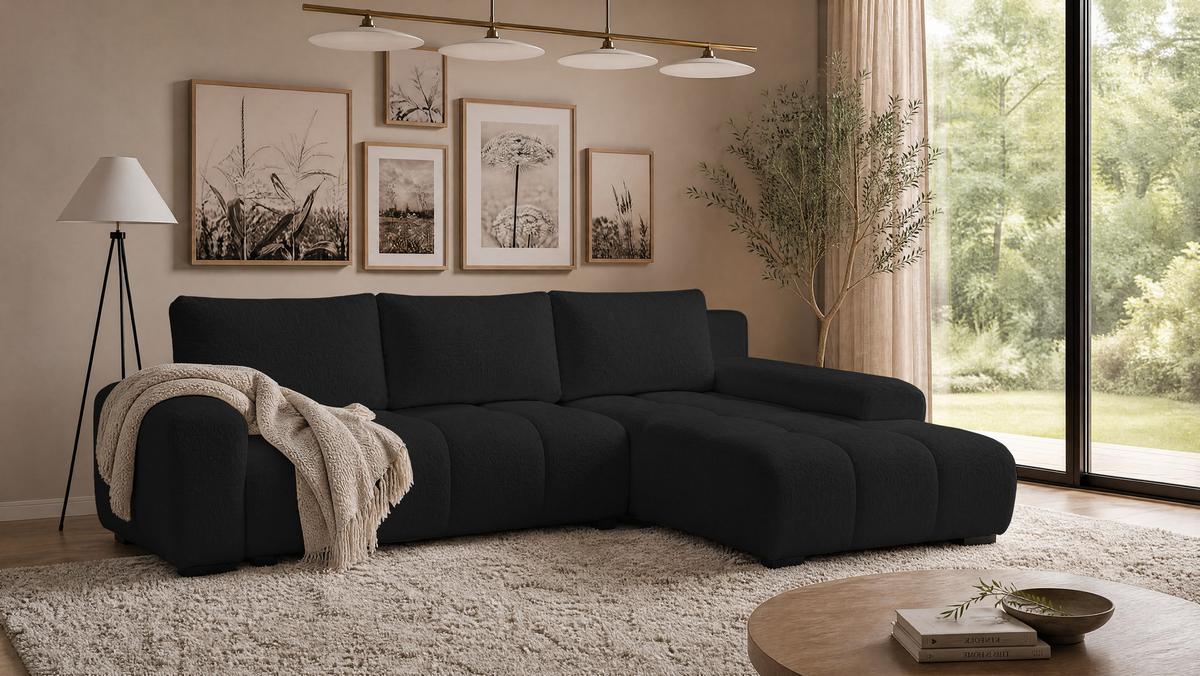 ECKSOFA Ovia mit Bettkasten und Schlaffunktion, Bouclé-Stoff in L-Form - Schwarz, Textil (270/185cm)