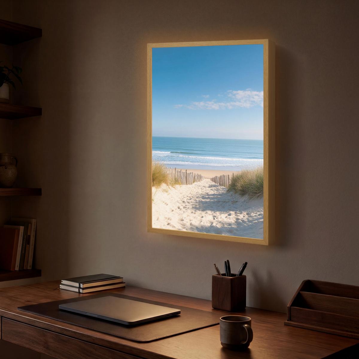 WANDLEUCHTE MIT AKKU Strand - Meer - Düne - Sand - Sommer 40x60 cm - Sandfarben, Holzwerkstoff (40/60/8cm) - OnlyWow
