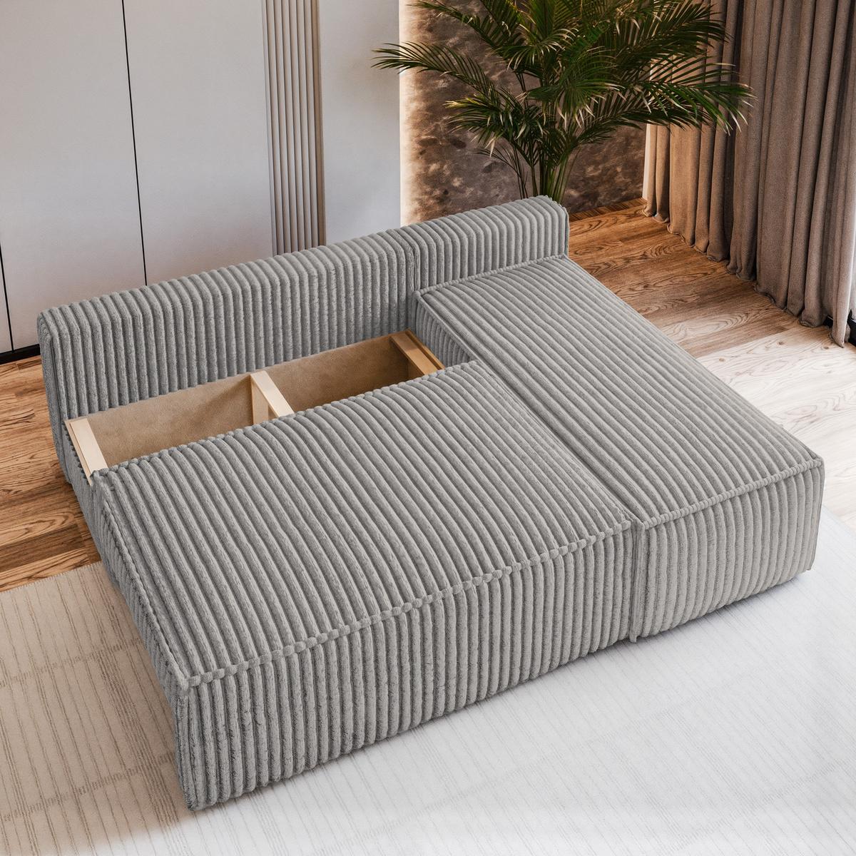 ECKSOFA BRISO T Hellgrau Kordstoff mit Schlaffunktion - Grau, Holz/Kunststoff (200/140cm) - MASSENO