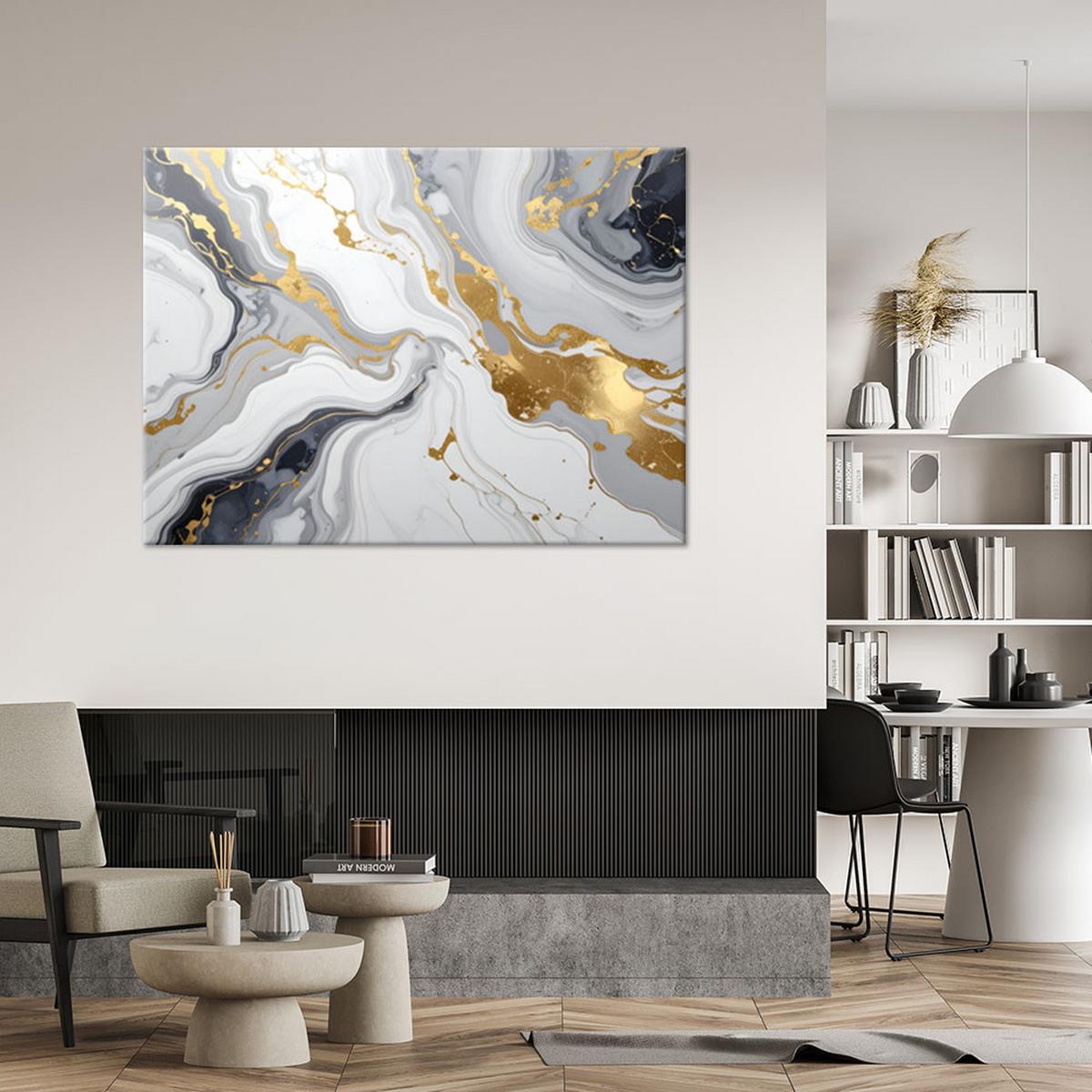 LEINWANDBILDER, Abstrakt Marmor Glamour grau gold - Weiß, Textil (100/70cm) - Feeby