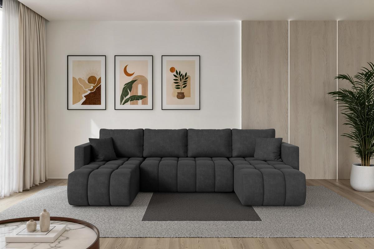 WOHNLANDSCHAFT mit Schlaffunktion und Bettkasten GARD-U 300x146x85 Dunkelgrau Velours - Anthrazit/Schwarz, Holzwerkstoff/Kunststoff (300/85/146cm) - ALTDECOR