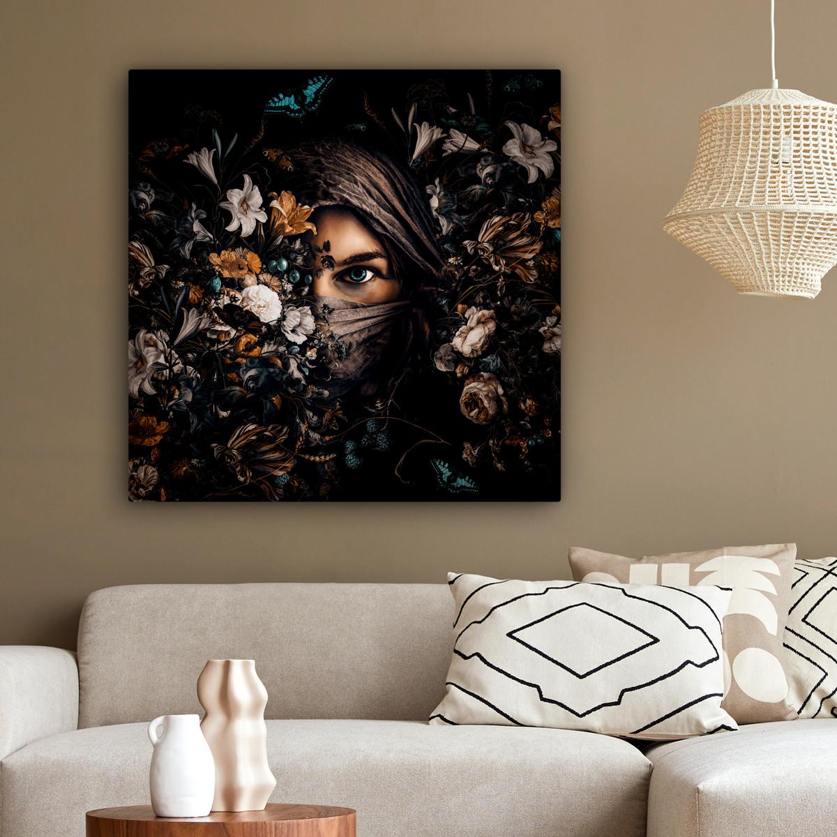 LEINWANDBILD Frau - Luxus - Blumen - Schmetterling - Porträt Deko Groß 90x90 cm - Schwarz, Textil (90/90cm) - MuchoWow