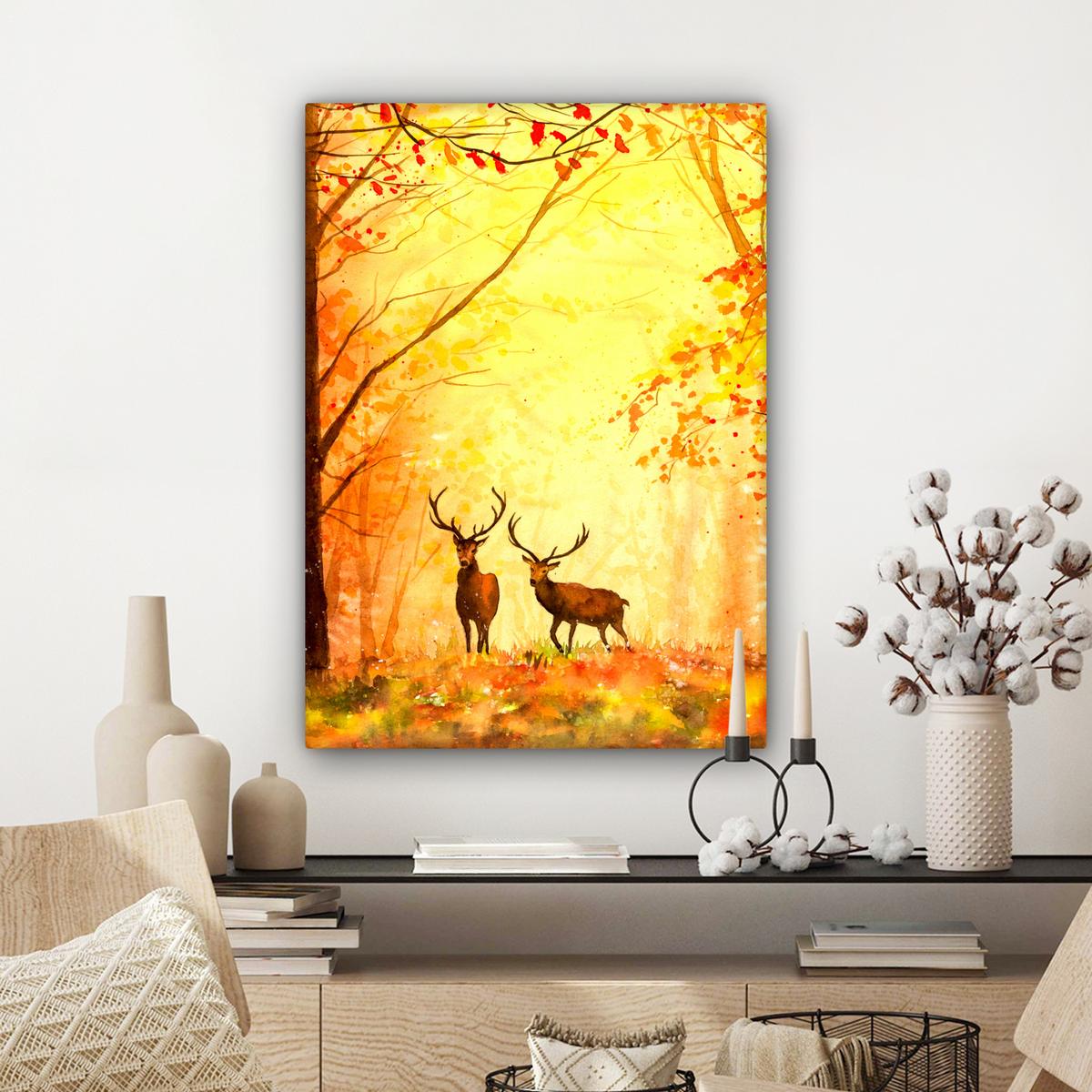 LEINWANDBILD Natur - Ölfarbe - Hirsche - Tiere - Herbst - Orange Wandbild Wohnzimmer 60x80 cm - Orange, Textil (60/80cm) - MuchoWow
