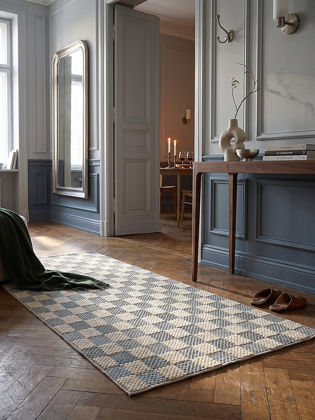 BAUMWOLLTEPPICH waschbar AFTON, Schachbrettmuster, Natur-Blau, 194 x 290 cm - Beige, Textil (194/290cm) - KADIMA DESIGN