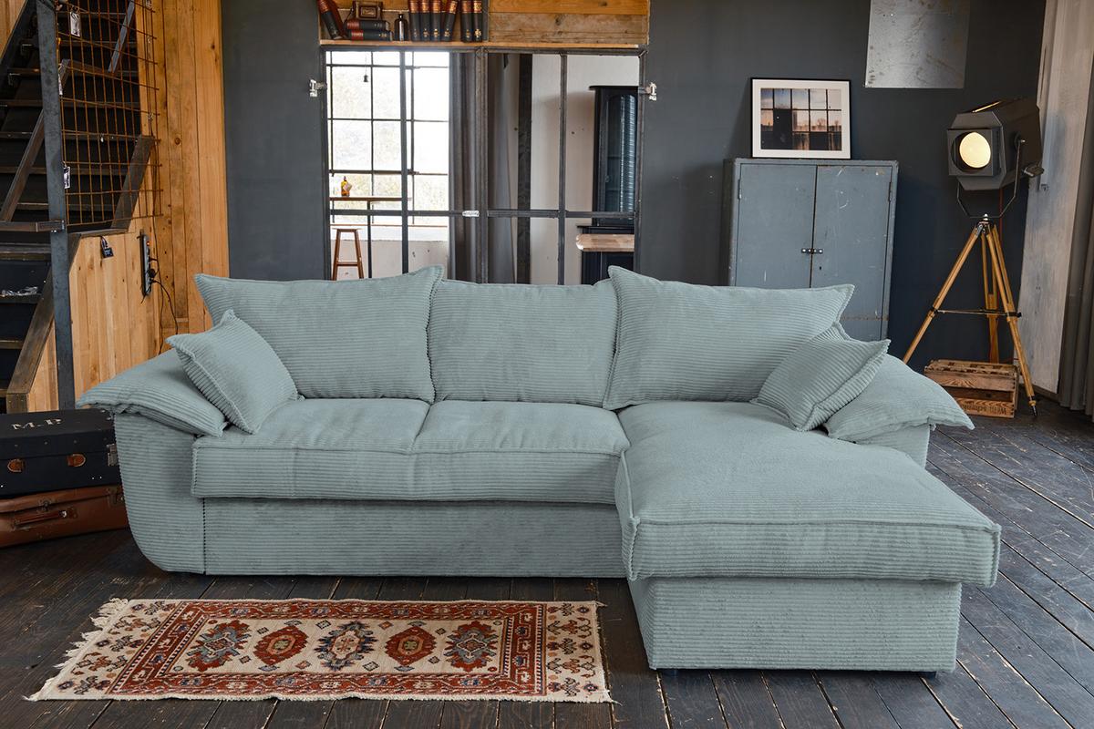 ECKSOFA DAMETO Hellblau Cord Mit Schlaffunktion - Schwarz/Hellblau, Kunststoff/Textil (266/174cm) - KAWOLA