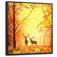 LEINWAND Bilder mit Rahmen - Natur - Ölfarbe - Hirsche - Tiere - Herbst - Orange - 50x50 - Orange, Textil (50/50cm) - MuchoWow