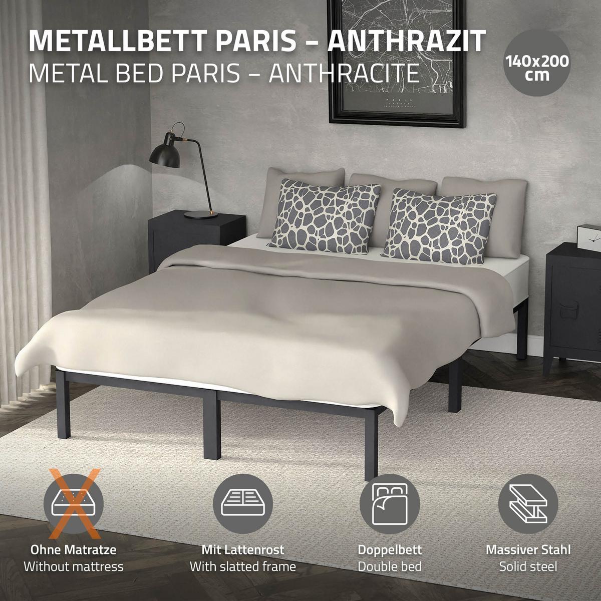 METALLBETT 140x200 cm mit Lattenrost Anthrazit auf Stahlrahmen - Anthrazit, Metall (140/200cm) - ML-DESIGN
