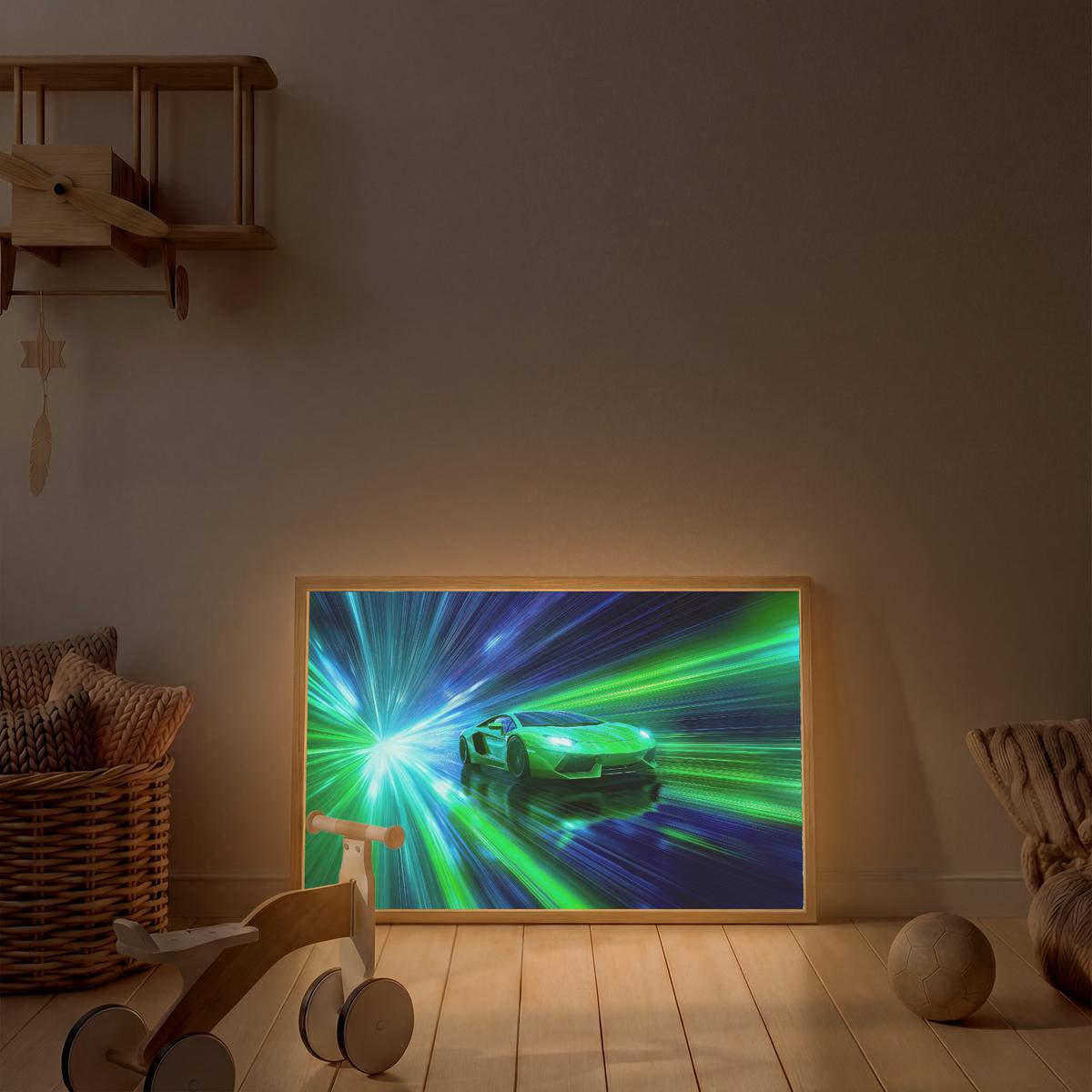 WANDLEUCHTE MIT AKKU Geschwindigkeit - Leicht - Sportwagen - Grün 100x70 cm - Grün, Holzwerkstoff (100/70/8cm) - OnlyWow