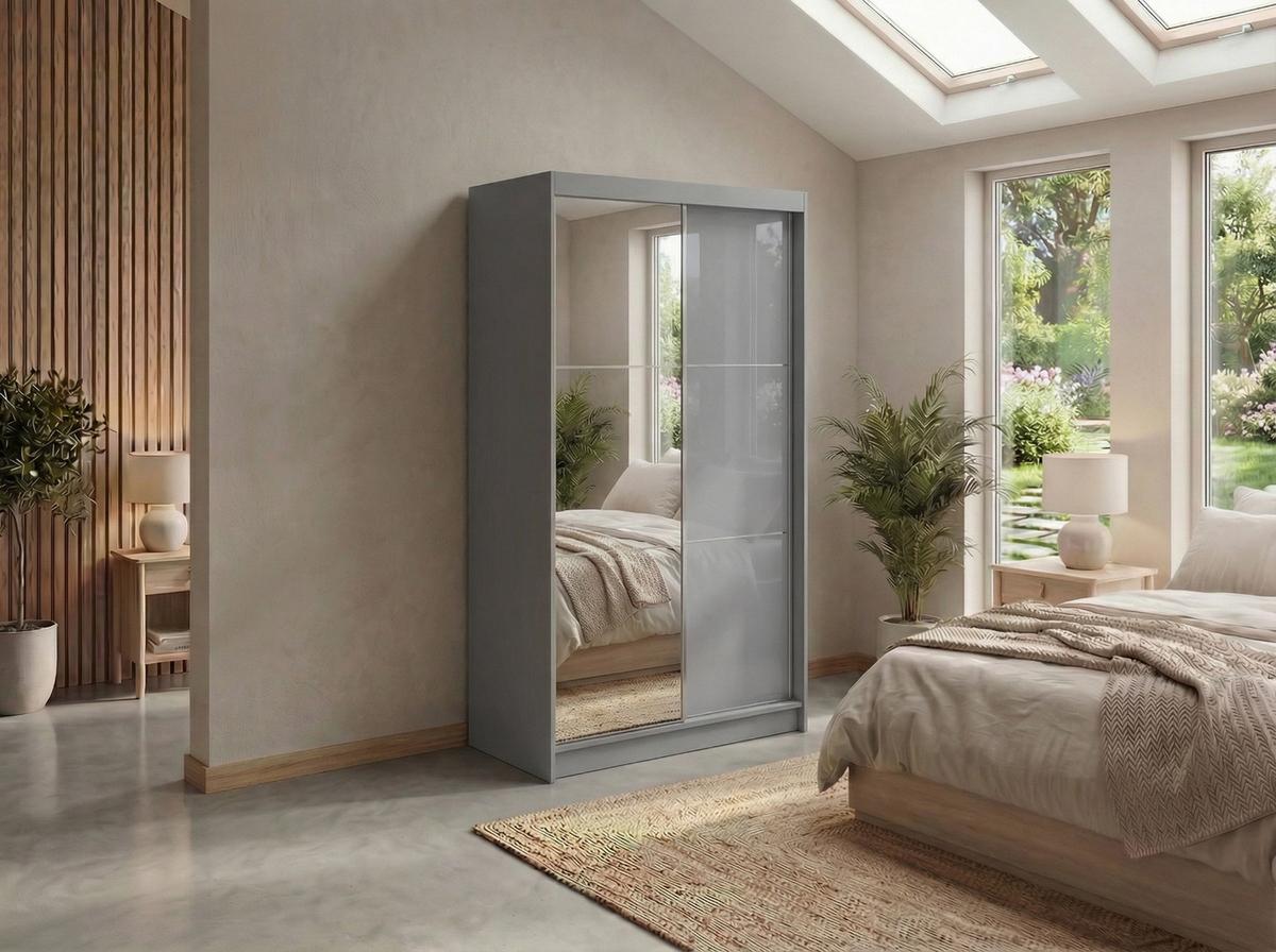 SCHWEBETÜRENSCHRANK mit Spiegel und Schubladen - WALENCJA - 120 - Grau lacobel - Alufarben/Grau, Holzwerkstoff/Metall (120/216/61cm) - MKS