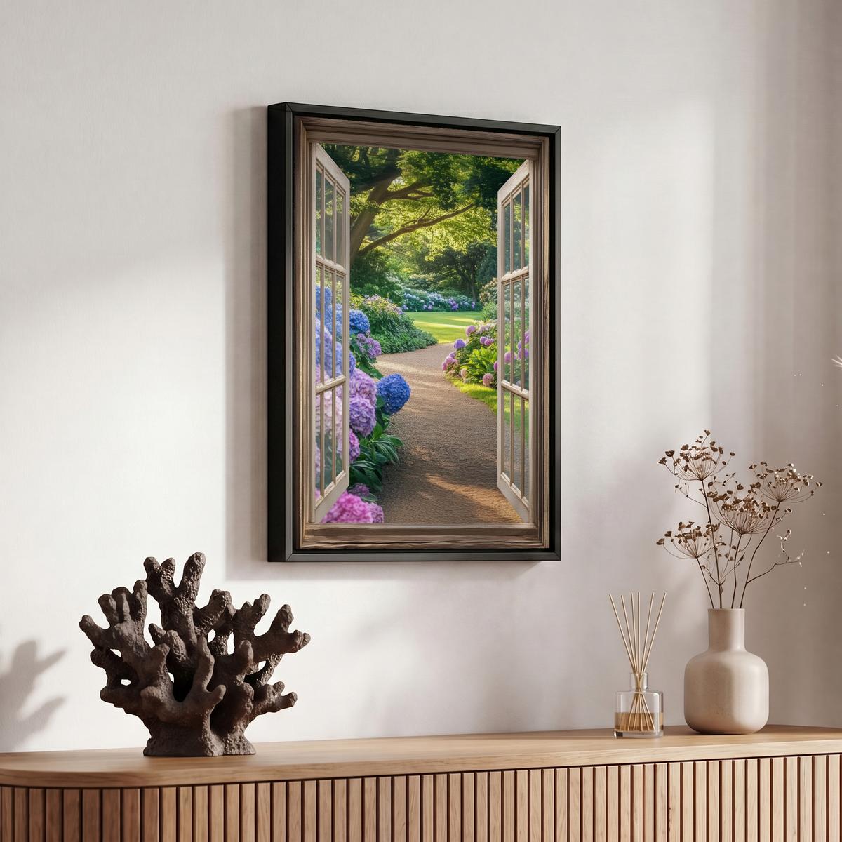 LEINWAND Bilder mit Rahmen - Aussicht - Garten - Fenster - Hortensie - Blumen - 20x30 - Pastellblau, Textil (20/30cm) - MuchoWow