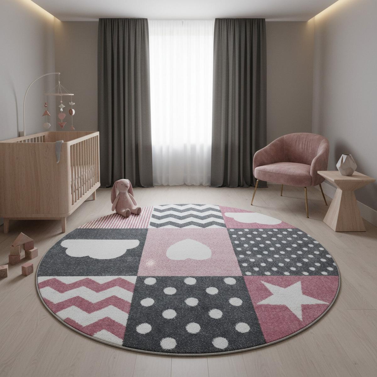 KINDERTEPPICH TASNA, mit Herz-und-Stern-Motiv, Rosa, Ø 120 cm - Rosa, Textil (120/120cm) - KADIMA DESIGN