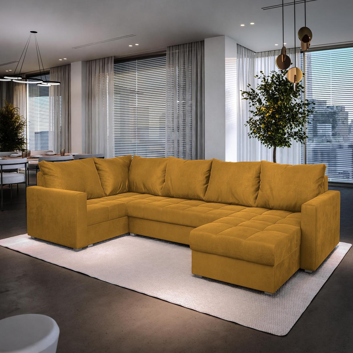WOHNLANDSCHAFT LORIVO L-S Gelb Plüsch-Stoff mit Schlaffunktion - Gelb/Grau, Holz/Kunststoff (285/85/150cm) - MASSENO