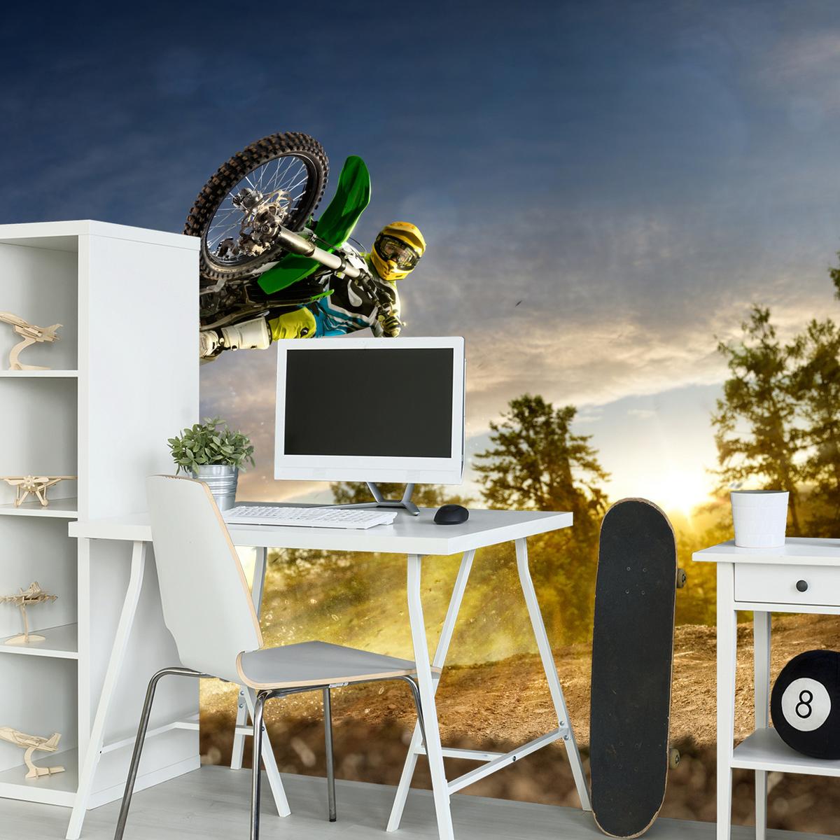 FOTOTAPETE für Jugendzimmer Motocross Sprung Berge Bäume 100x70 - Gelb/Beige, Papier (100/70cm) - Muralo