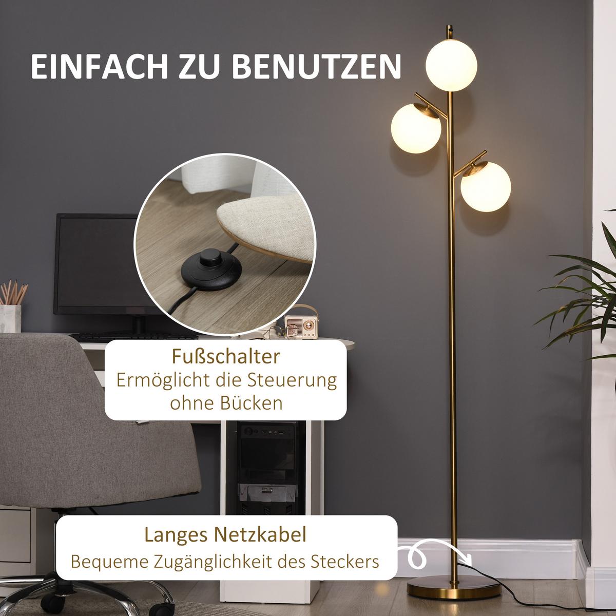 STEHLEUCHTE, Stehlampe, 40 W Standlampe mit E27 Fassung, Metall, ohne Glühbirne - Goldfarben, Metall (27/27/169cm) - HOMCOM