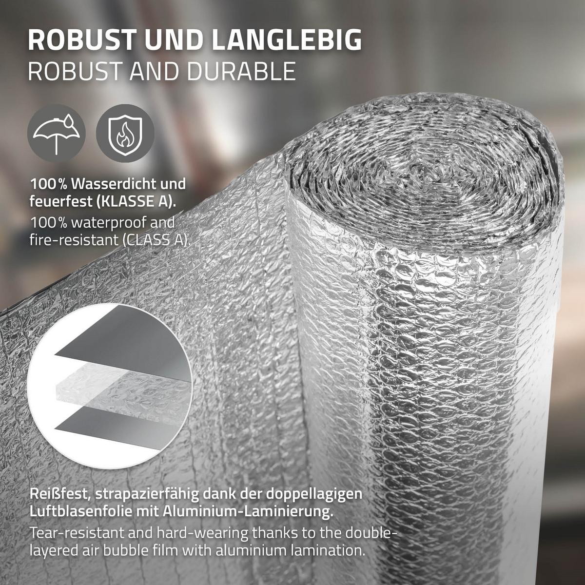ISOLIERFOLIE 1 x 10 m für Wärmedämmung und Kälteschutz Doppelseitige Alu-Dämmfolie 6mm Dicke - Silberfarben, Kunststoff/Metall (100/0.6/1000cm) - ECD-Germany