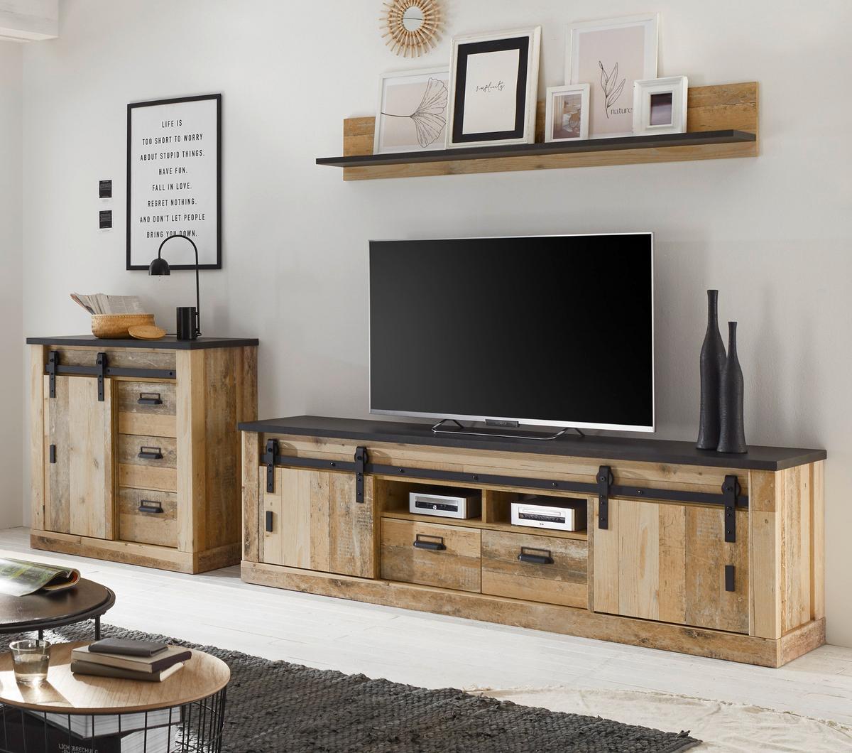 WOHNWAND Used Wood hell, anthrazit 3-teilig 314 cm, Schrankwand mit Soft-Close - Anthrazit/Schwarz, Holzwerkstoff/Metall (314/180/43cm) - Furn.Design