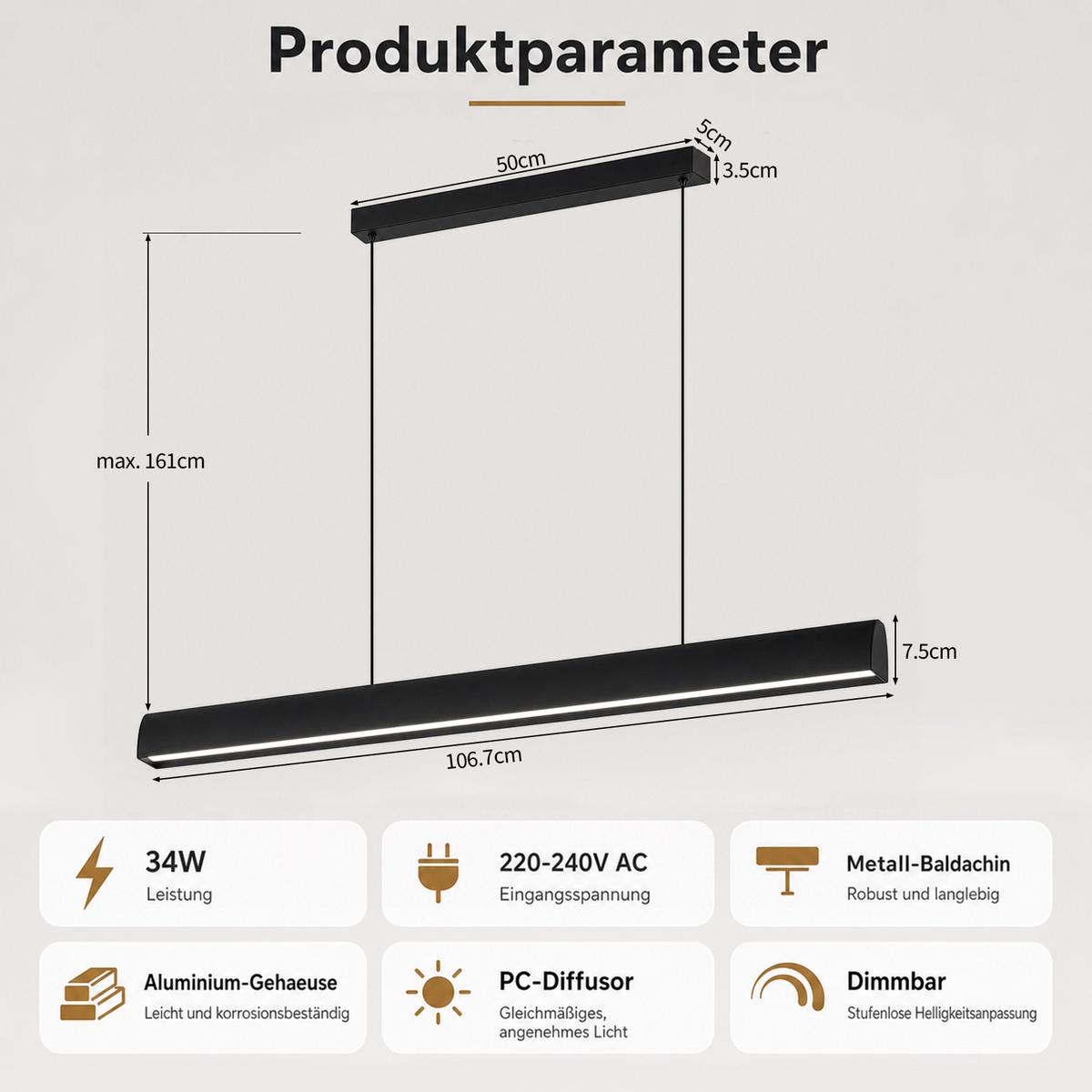 LED PENDELLEUCHTE Fyrith 106.7/7.5/161 cm - Schwarz, Kunststoff/Metall (106.7/7.5/161cm) - ZMH