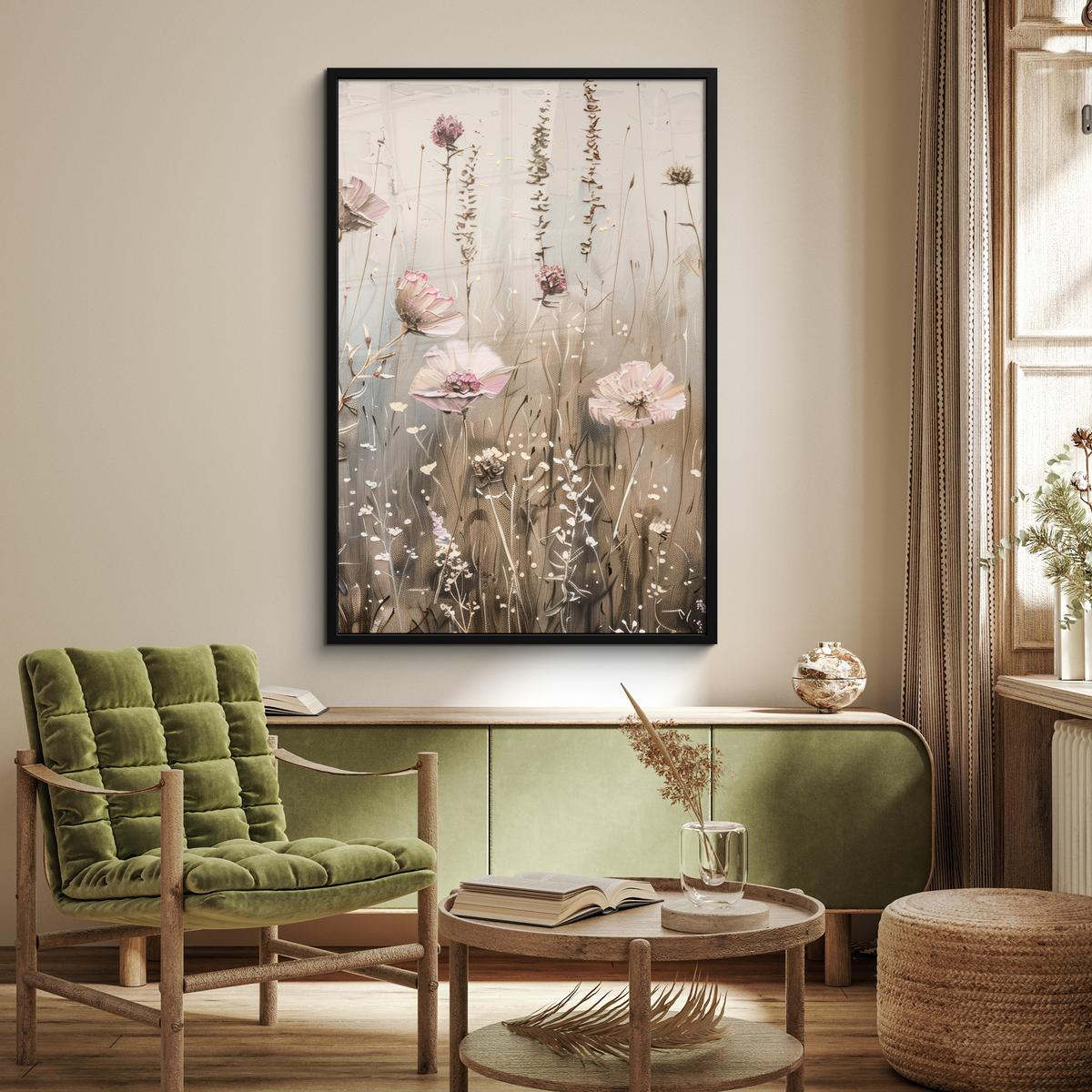 POSTER MIT RAHMENGERAHMTES BILD Blumen - Rosa - Modern - Beige Bilderleiste 80x120 cm - Beige, Papier (80/120cm) - MuchoWow