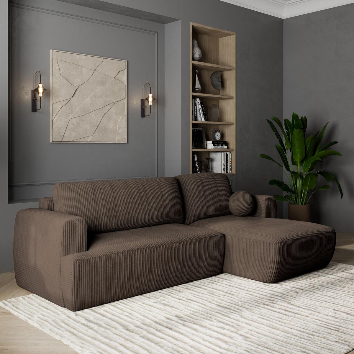 ECKSOFA SENTI P R-S Braun Kordstoff mit Schlaffunktion - Schwarz/Braun, Holz/Kunststoff (246/148cm) - MASSENO