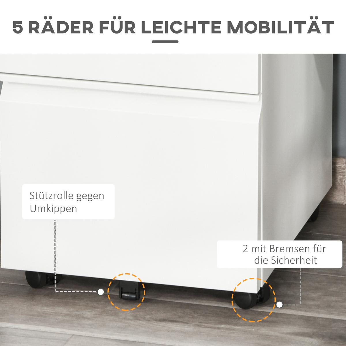 AKTENSCHRANK mit Rädern, konkavem Griff, für Home-Office, Stahl, Weiß - Weiß, Metall (48/60/39cm) - Vinsetto