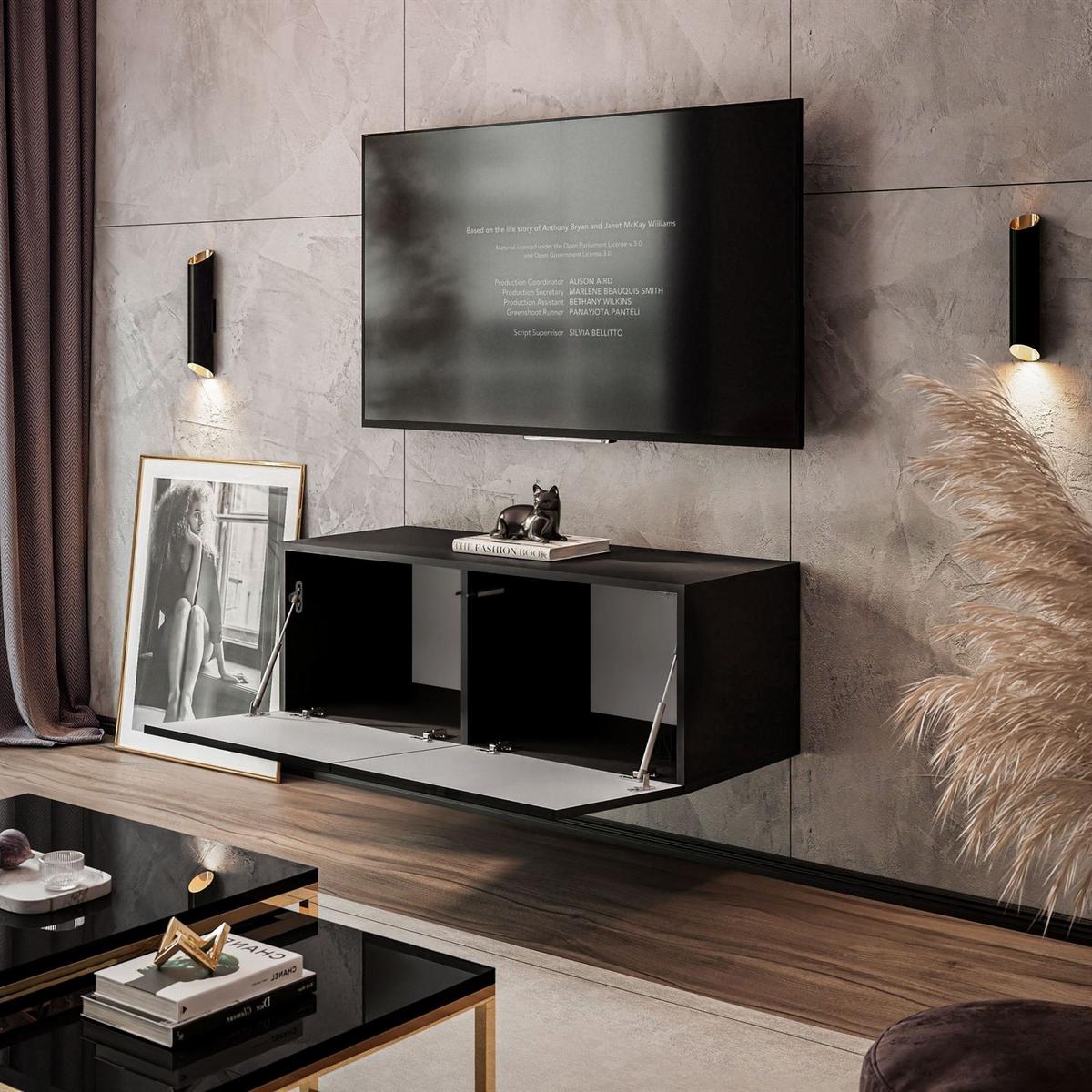 HÄNGESCHRANK TV-Möbel COLGANTE 100 cm mit LED Beleuchtung - Schwarz Hochglanz, Holzwerkstoff (100/36/40cm) - Lookway