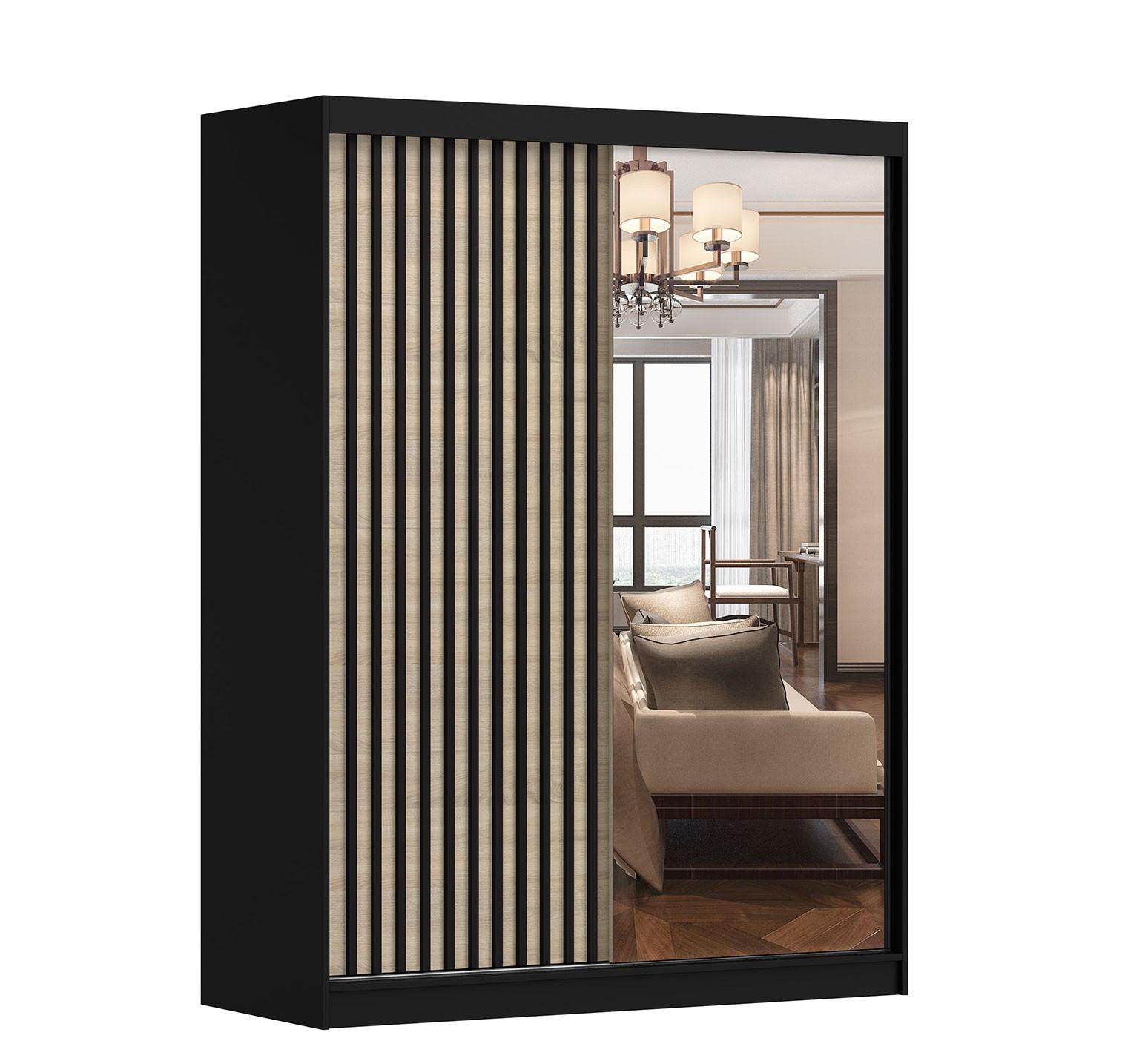 SCHWEBETÜRENSCHRANK Lami S Schwarz/Sonoma Eiche mit Spiegel, mit LED-Beleuchtung 150cm - Alufarben/Schwarz, Glas/Holzwerkstoff (150/200/61cm) - imoebel24