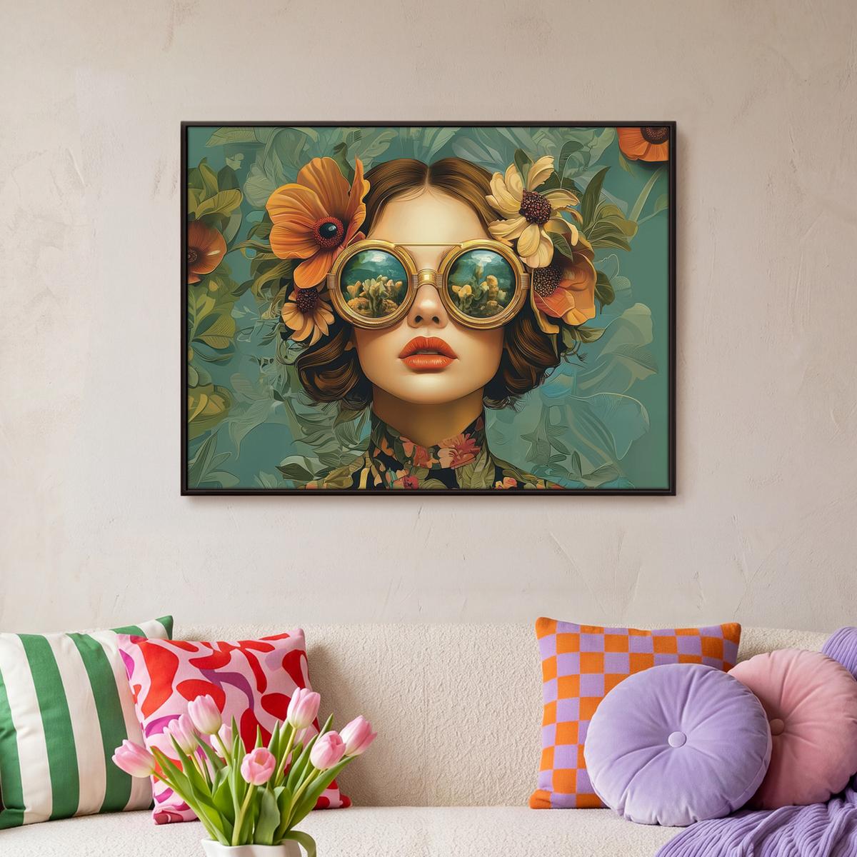 LEINWAND Bilder mit Rahmen - Frau - Blumen - Schmetterlinge - Natur - Vintage - 70x50 - Salbeigrün, Textil (70/50cm) - MuchoWow
