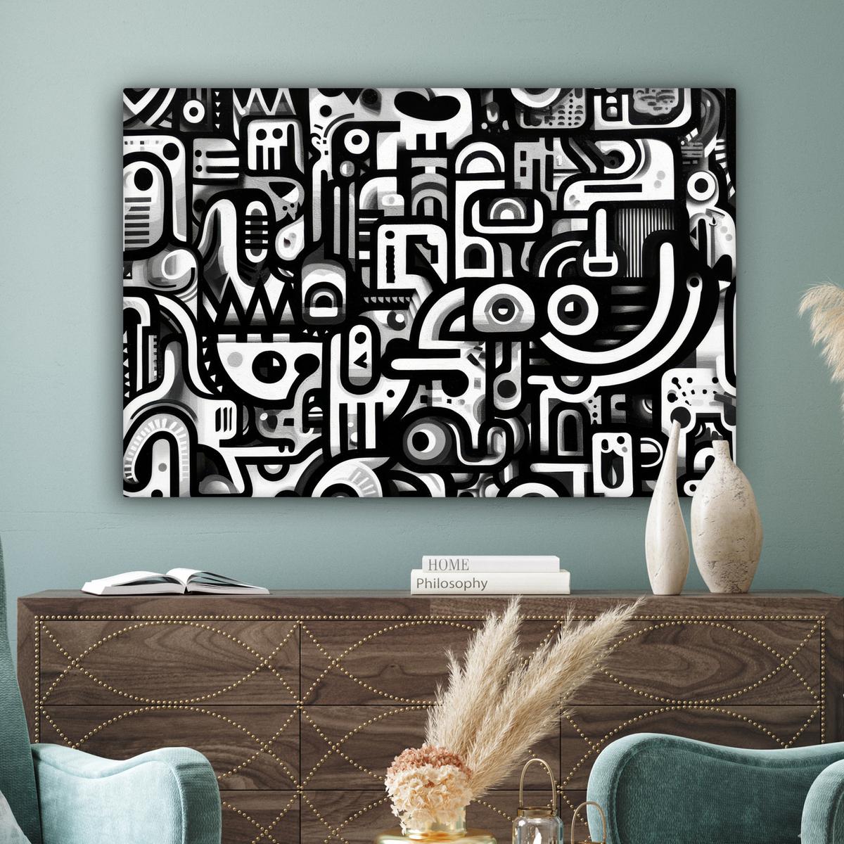 LEINWANDBILD Symbole - Abstrakt - Grafik - Schwarz Groß 140x90 cm - Schwarz, Textil (140/90cm) - MuchoWow