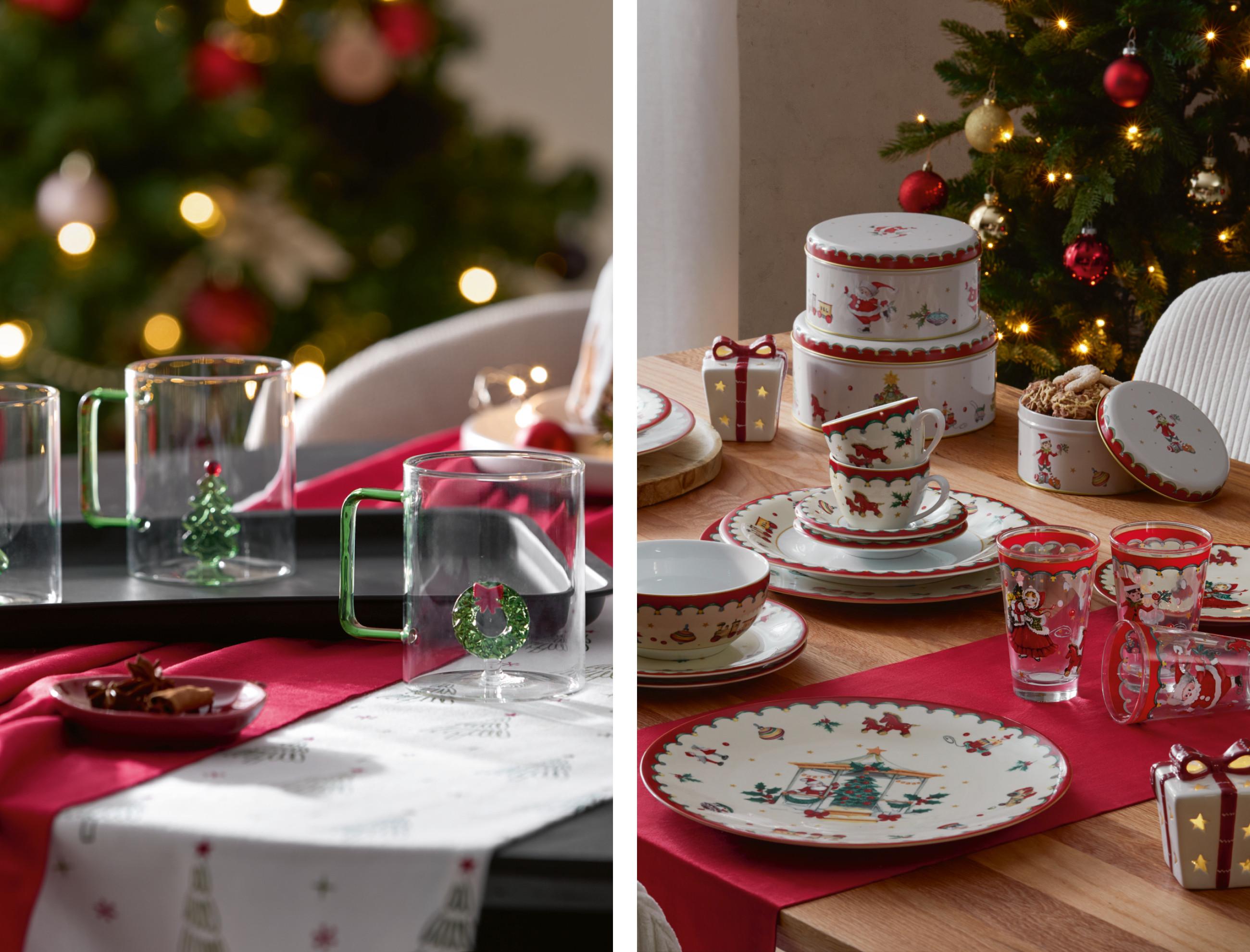 Collage aus weihnachtlichen Teeetassen und gedecktem Tisch, mobile