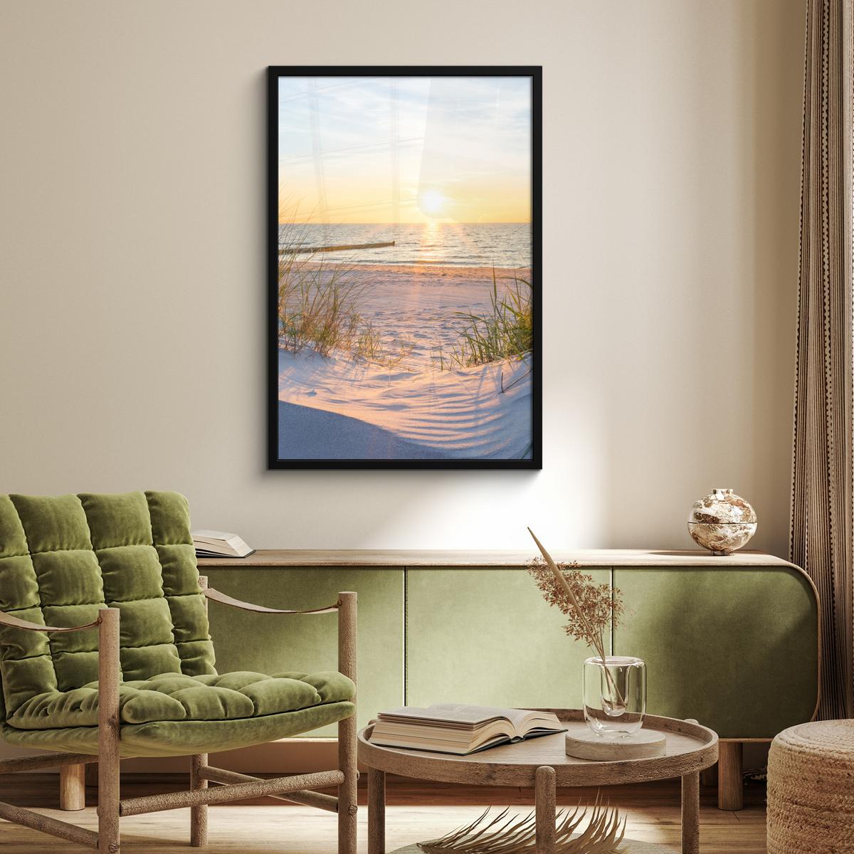 POSTER MIT RAHMENGERAHMTES BILD Strand - Sonne - Düne - Gras - Sand - Horizont 60x90 cm - Hellblau, Papier (60/90cm) - MuchoWow