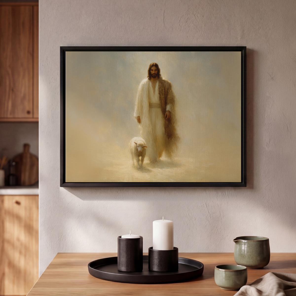 LEINWAND Bilder mit Rahmen - Schaf - Jesus - Pinselstriche - Abstrakt - 40x30 - Beige, Textil (40/30cm) - MuchoWow