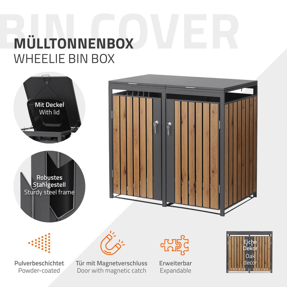 MÜLLTONNENBOX 2er Anthrazit-Holzoptik - Dunkelbraun, Metall (132/120/80cm) - ML-DESIGN