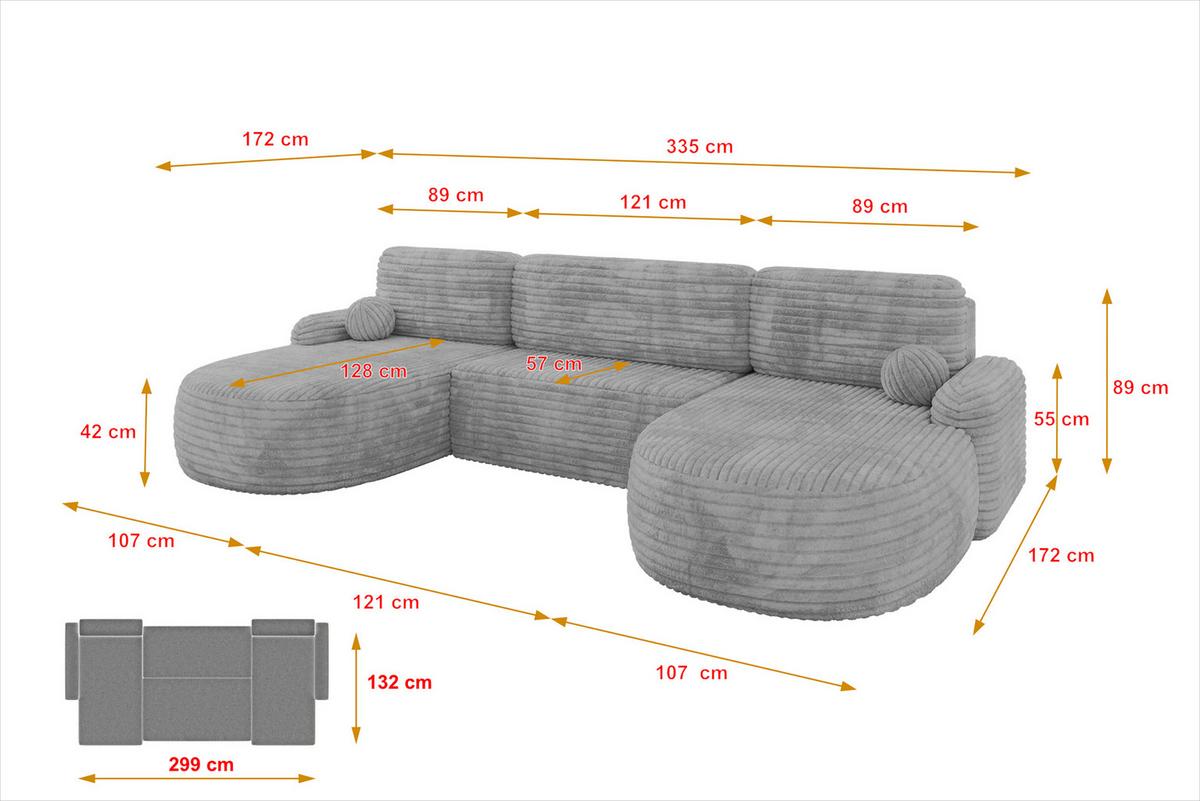 WOHNLANDSCHAFT mit Schlaffunktion und Bettkasten LIRA-U - 335x172x89 Hellgrau - Hellgrau, Holzwerkstoff/Textil (335/89/172cm) - ALTDECOR