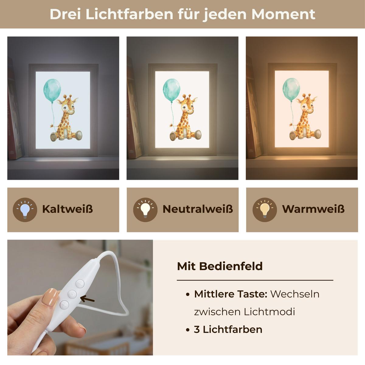 NACHTTISCHLAMPE Giraffe - Baby - Tiere - Blauer Ballon 15x20 cm - Weiß, Holzwerkstoff (8/15/20cm) - OnlyWow