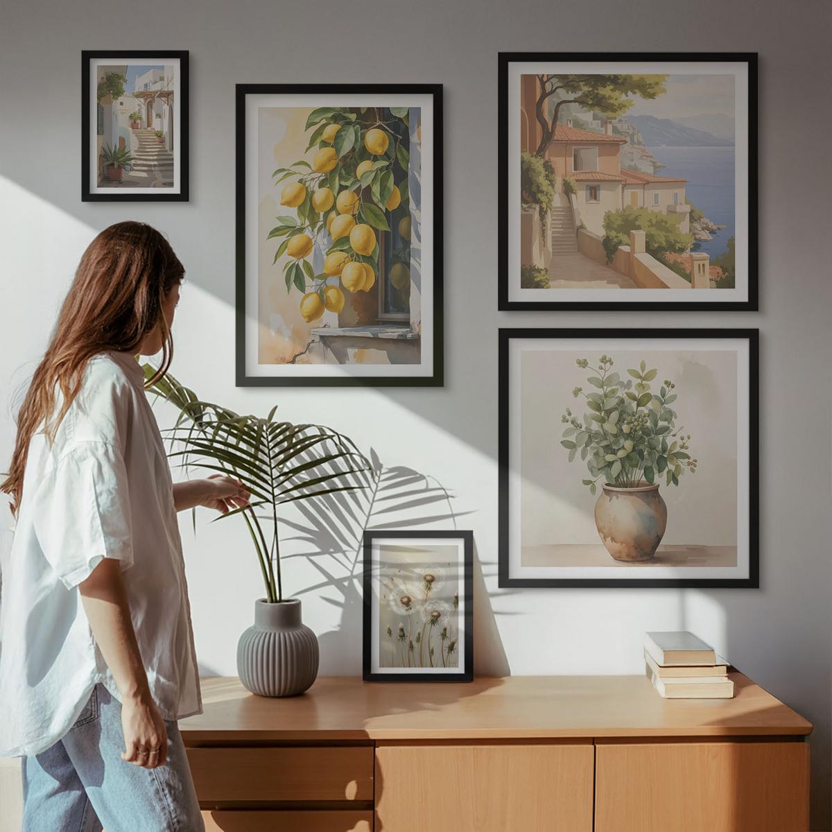BILDER SET 5er Set - 50x50 cm & 20x30 cm & 40x60 cm Schwarzer Rahmen - Lemon Streets Meerblick - Schwarz, Kunststoff (40/60cm) - TULUP