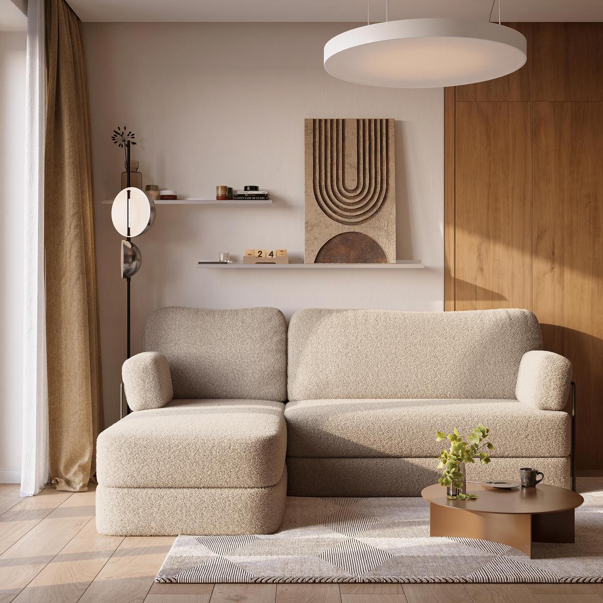 ECKSOFA SABI modulares Boneless Sofa mit Schlaffunktion Beige Boucle-Stoff - Beige, Textil (200/120cm) - MASSENO