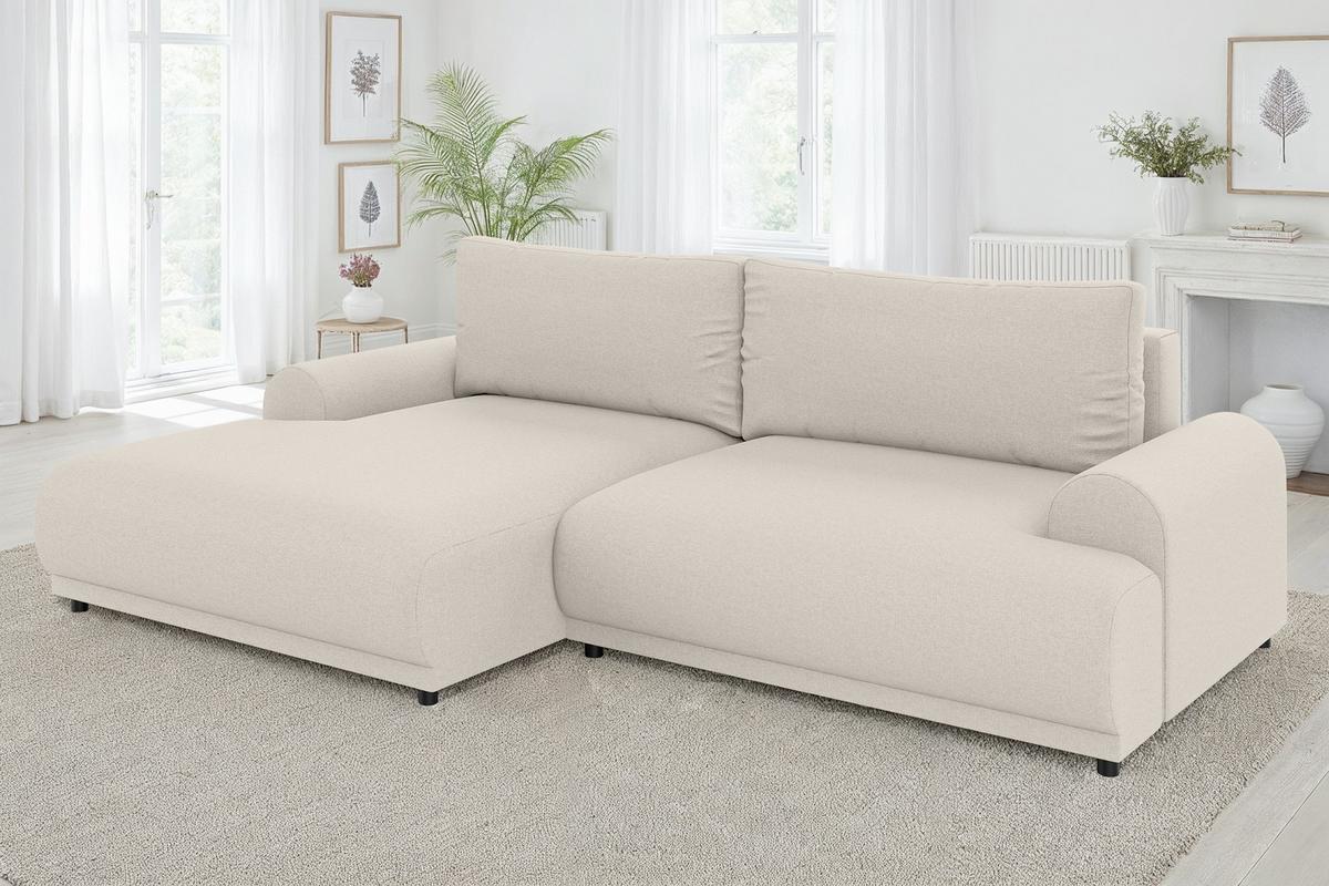 ECKSOFA mit Schlaffunktion, Bettkasten, extrabreite Ottomane links, abgerundete Armlehnen, B240/T145/H81 cm, Strukturstoff Beige / 21032 - Beige/Schwarz, Kunststoff/Textil (240/145cm) - luma-home