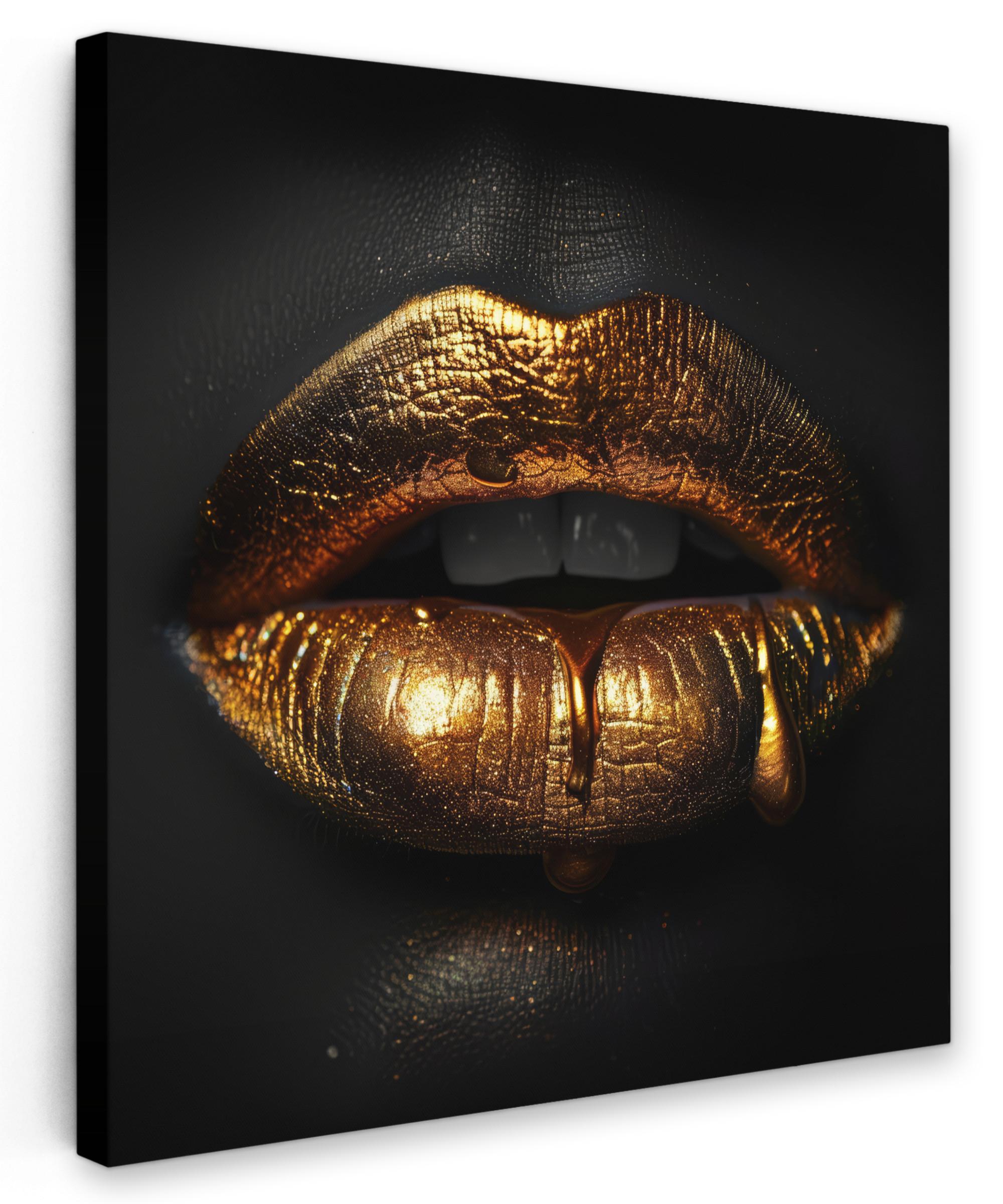 LEINWANDBILD Frau - Porträt - Lippen - Gold - Schwarz Wandbild Wohnzimmer 50x50 cm - Schwarz, Textil (50/50cm) - MuchoWow