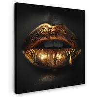 LEINWANDBILD Frau - Porträt - Lippen - Gold - Schwarz Deko Groß 90x90 cm - Schwarz, Textil (90/90cm) - MuchoWow