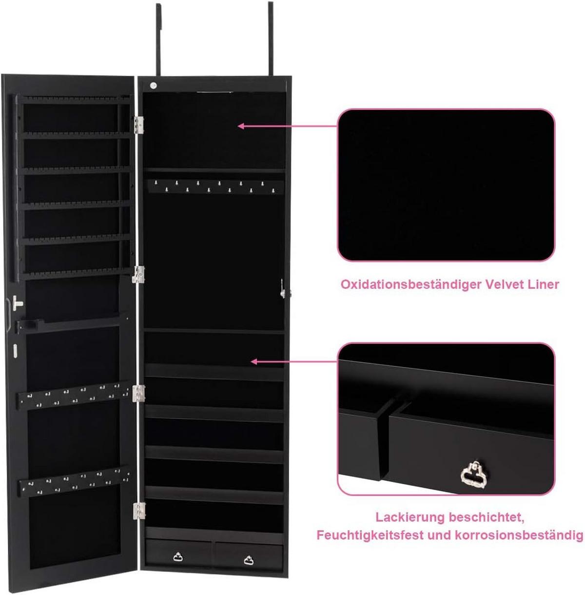 SCHMUCKSCHRANK mit LED Beleuchtung Schwarz - Schwarz, Holz (36/120/10cm) - COSTWAY