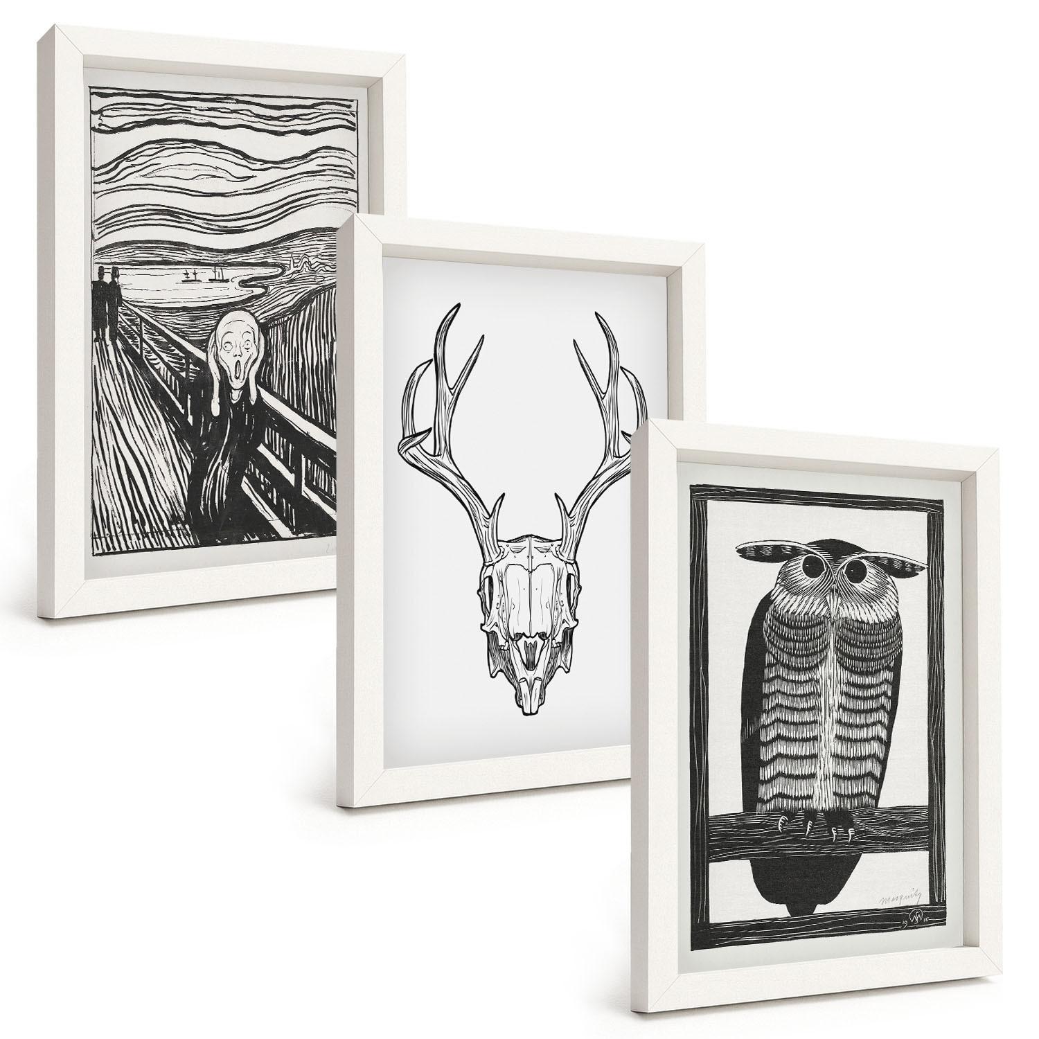 BILDER SET 3er Set - 20x30 cm Weißer Rahmen - Grafiken mit schreiendem Totenkopf-Eulen - Weiß, Kunststoff (20/30cm) - TULUP