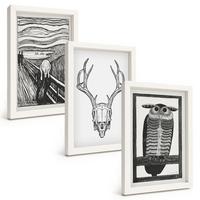 BILDER SET 3er Set - 20x30 cm Weißer Rahmen - Grafiken mit schreiendem Totenkopf-Eulen - Weiß, Kunststoff (20/30cm) - TULUP